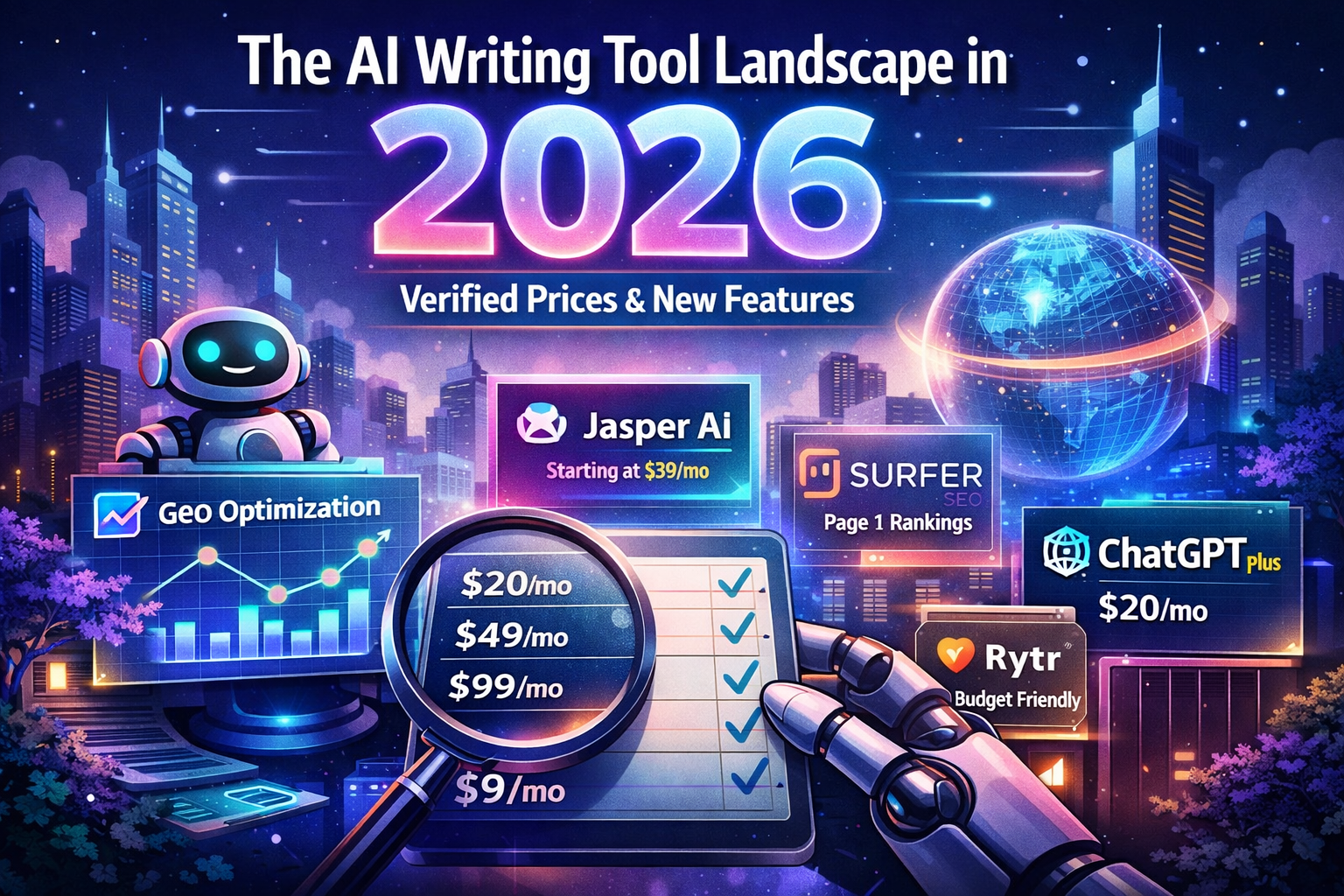 Illustration of the 2026 AI writing tool landscape showing Jasper AI, Writesonic, Copy.ai, Surfer SEO, ChatGPT Plus, and Rytr with futuristic AI graphics, pricing tables, and SEO/GEO icons for content creation and marketing.