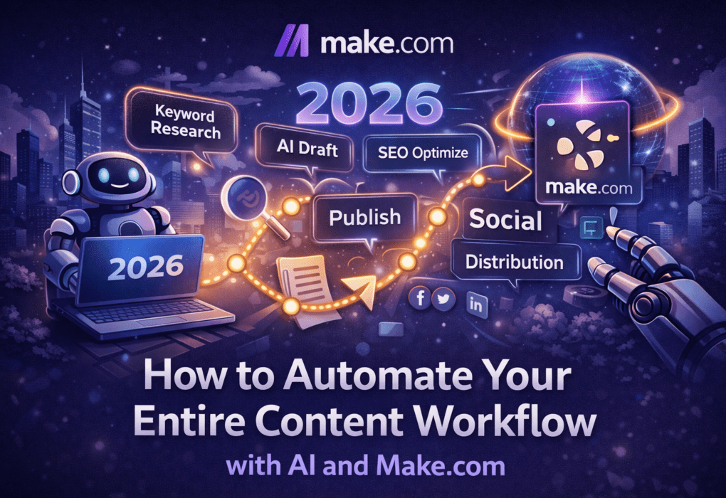 Futuristic illustration showing AI-powered content workflow automation with Make.com including keyword research, AI drafting, SEO optimization, publishing, and social distribution in 2026.