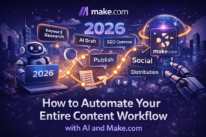 Futuristic illustration showing AI-powered content workflow automation with Make.com including keyword research, AI drafting, SEO optimization, publishing, and social distribution in 2026.